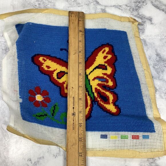 Vtg Butterfly Needlepoint Tapestry Panel Canvas Blue Red Yellow 9.25" x 8-3/4" - Picture 4 of 6